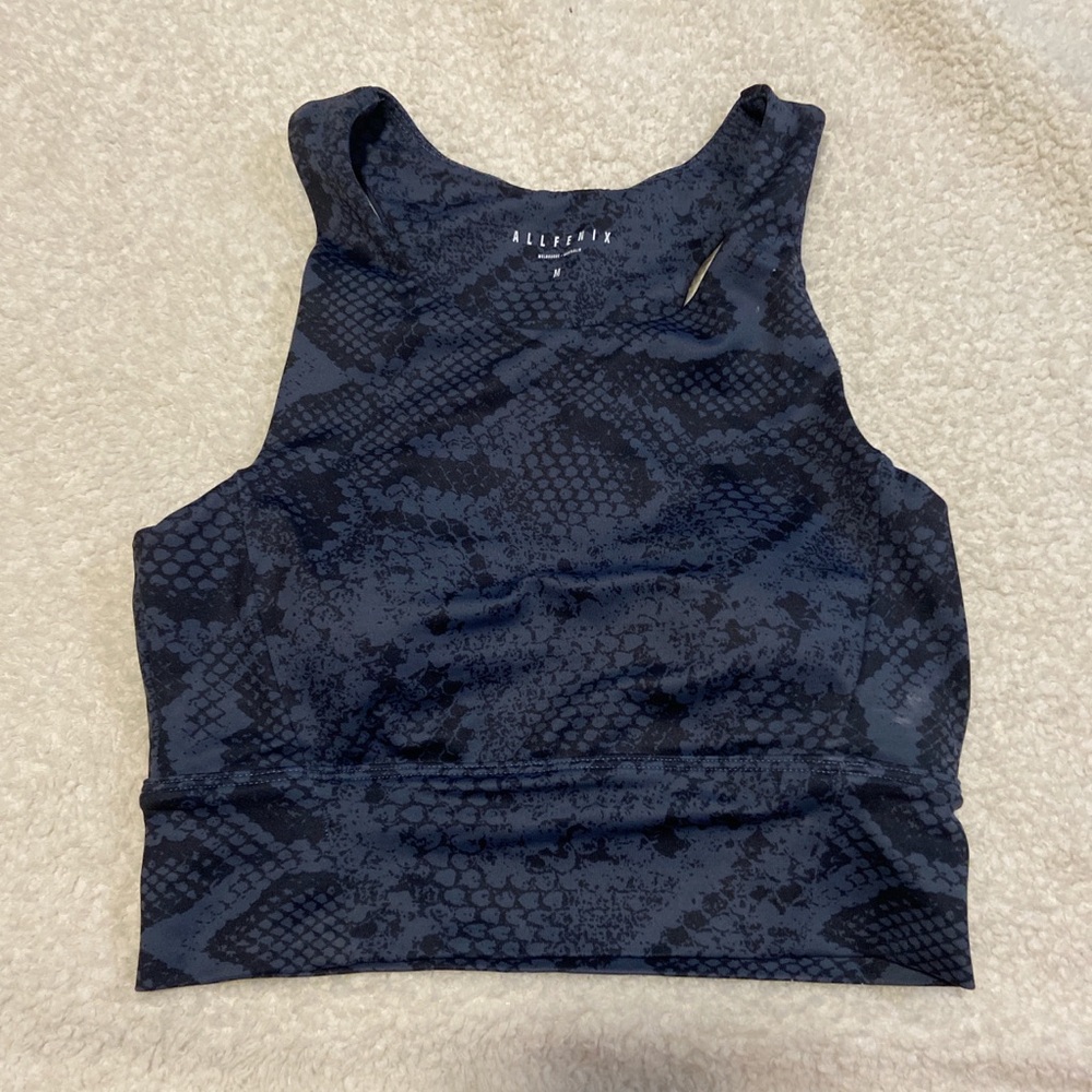 Allfenix women’s black and dark blue snakeskin animal print sports bra size med